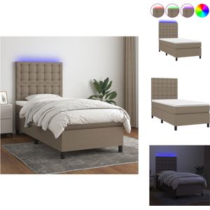 vidaXL Boxspring Bed - Taupe - 193 x 90 x 118/128 cm - Verstelbaar hoofdbord - Pocketvering matras - Huidvriendelijk topmatras - Kleurrijke LED-verlichting - Inclusief montagehandleiding - Bed