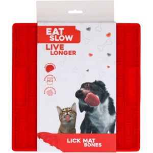 Eat Slow Live Longer Likmat – 21 x 21 cm - Vierkant – Snuffelmat – Anti-schrok Mat – Slowfeeder – Afleiding – Honden en Katten – voor Smeersels, Brokken en Snoep – Botjespatroon - 100% Siliconen – met Zuignappen – Vaatwasserbestendig – Rood