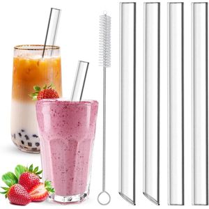 Bubble Tea rietjes - 4 stuks 14 mm - dikke rietjes van glas - herbruikbaar - met reinigingsborstels - voor smoothiesappen - 215 cm