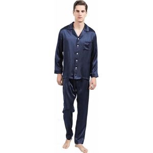 Heren zijden pyjama set (lange mouwen, lange broek), Marine blauw, L