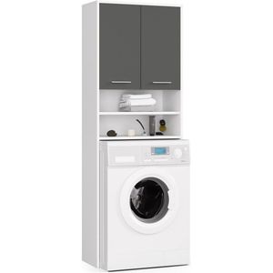 Badkamerkast voor Wasmachine FIN / Hoge Wasmachinekast met 2 Deuren / AKORD Furniture Factory / Wit - Grafietgrijs / 64 x 180 x 30 cm