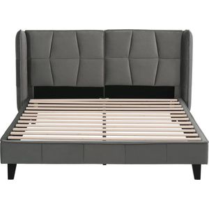 Merax Gestoffeerd Tweepersoonsbed 140x200 cm met Lattenbodem en Hoofdbord - Luxe Fluwelen Houten Bed - Grijs