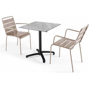 Oviala - 70x70 cm marmeren verstelbare tafel met 2 taupe stoelen