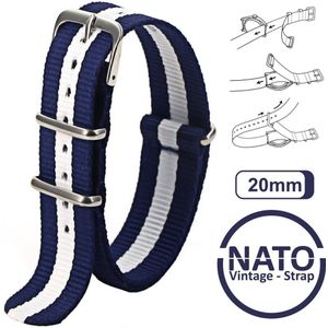 20mm Nato Strap Donkerblauw met Witte streep - Vintage James Bond - Nato Strap collectie - Mannen - Horlogebanden - Blue White Wit Blauw- 20 mm bandbreedte voor oa. Seiko Rolex Omega Casio en Citizen