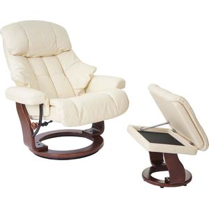 MCA Relax fauteuil Calgary XXL, TV fauteuil kruk, echt leer 180kg belastbaar ~ crème, walnoot look