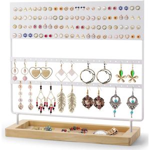 Flexzion Oorbelhouder Organizer, Oorbel Hanger Rack Display Stand, Metalen Sieraden Toren, Dangle and Hoop Earring Stand, 144 gaten met houten Base Tray voor Sieraden en Accessoires, Wit