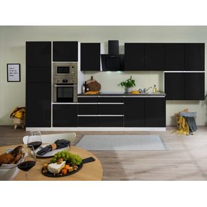 Goedkope keuken 435  cm - complete keuken met apparatuur Lorena  - Wit/Zwart - soft close - keramische kookplaat  - afzuigkap - oven - magnetron  - spoelbak