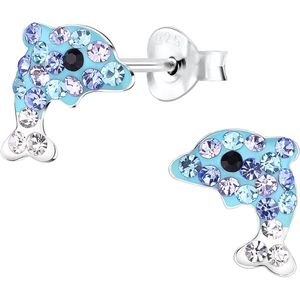 Joy|S - Zilveren Dolfijn oorbellen - 6 x 9 mm - blauw met wit kristal