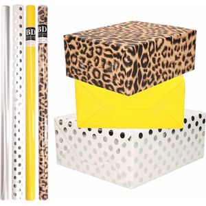 8x Rollen transparante folie/inpakpapier pakket - panterprint/geel/wit met zilveren stippen 200 x 70 cm - dierenprint papier