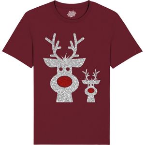 Rendier Buddies - Foute Kersttrui Kerstcadeau - Dames / Heren / Unisex Kleding - Grappige Kerst Outfit - Glitter Look - T-Shirt - Unisex - Burgundy - Maat XL