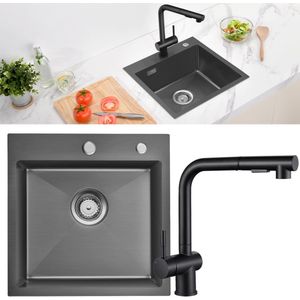 Auralum max Spoelbak Antraciet 45x45 - Met keukenkraan met uittrekbare uitloop - Spoelbak Keuken - Spoelbakken Keuken - Wasbak Keuken - Met Kraangat - keuken gootsteen RVS Staal Incl. Sifon en Afvoerzeefje
