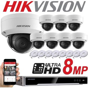 HIKVISION 8MP SYSTEM 8CH Kanaals NVR IP POE 8X 8 MP MEGAPIXEL CCTV 2.8MM DOME Netwerkcamera Kit - Binnen en Buiten - NIGHT VISION DS-7608NI-K2/8P DS-2CD2185FWD-I - 4 TB hdd - Wit