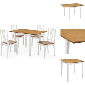 vidaXL Eettafelset - wit en bruin - (80-120) x 80 x 74 cm - massief rubberwooden - verlengbaar - 4 Eetkamerstoelen - wit en crème - 100% polyester kussen - 40 x 49 x 88.5 cm - Set tafel en stoelen