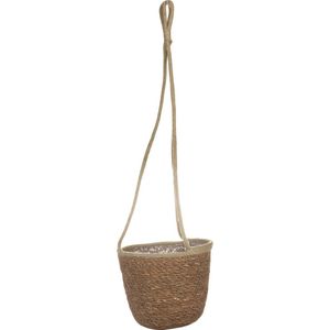 Hangende plantenpot/bloempot van jute/zeegras diameter 19 cm en hoogte 17 cm camel bruin - Met binnenkant van plastic