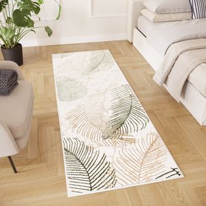Tapiso Crystal Loper Tapijtloper Beige Bladeren Laagpolig Kleed Vloerkleed Maat- 100x100
