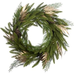 GOODWILL- KRANS-DENNEN-PALM-BLAD-GROEN-GOUD-DECORATIE-DEUR-60CM-KERST-UNIEK-BINNEN-BUITEN