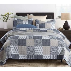 3-delige beddengoedset, 230 x 250 cm, beddensprei, bedsprei, patchwork deken, dekbed voor tweepersoonsbed (zwart blauw)