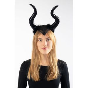 KIMU Haarband Lange Zwarte Hoorns Heks - Gloss Zwart Glitter Dons - Diadeem Grote Horens Slechterik Duivel Maleficent - Halloween Carnaval Festival