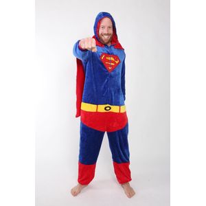 KIMU Onesie Superheld Pak Kostuum met Cape - Maat M-L - Heldenpak Jumpsuit Huispak Fleece Volwassenen Dames Heren Overall Pyjama Festival