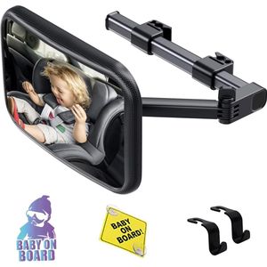 Autospiegel voor baby's 360 graden met uittrekbare armen - Autospiegel voor baby's achterbank inclusief 2 babystickers en 2 hoofdsteunhaken