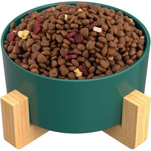 Keramische bak met verhoogde bamboe standaard voor honden en katten, als voerbak of waterbak te gebruiken, kattenvoerbak, antislip, vaatwasmachinebestendig (1 x - 850 ml, groen)