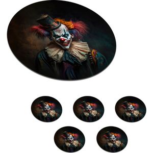 Onderzetters voor glazen - Rond - Clown - Hoed - Kraag - Portret - Killer clown - 10x10 cm - Glasonderzetters - 6 stuks