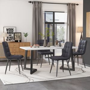 117cm Eettafel met 4 Stoelen Set - Rechthoekige Eettafel Moderne Keukentafel Set - Donkergrijze Linnen Eetstoel - Zwart Tafelpoten