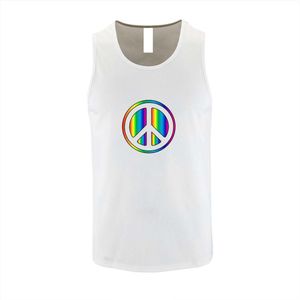 Wit Tanktop met Retro Full Color print ""Peace “ Flower Power Logo print size S