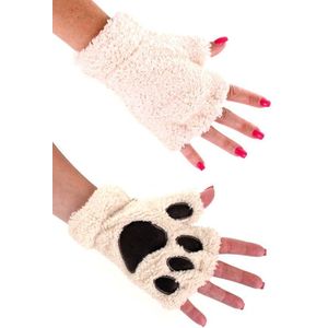 KIMU Dierenpoot Vingerloze Handschoenen Beige Wit Pluche - Vingerloos Schaap IJsbeer Pootjes - Hondenpootjes Beer Witte Dierenpootjes Fleece Festival