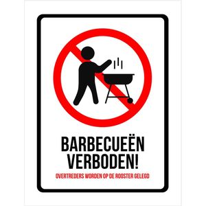 Pictogram/ bord | ""Barbecueën verboden!"" | 27 x 36 cm | Barbecue | BBQ | Overlast | Brandgevaar | Veiligheid | Bosbrand | Brand | Recreatie | Eten in de natuur | 2 stuks