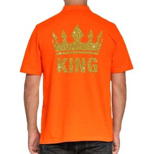 Koningsdag poloshirt / polo t-shirt King met gouden glitters oranje heren - Koningsdag kleding/ shirts L