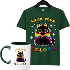 Schattige Pride Vlag Kat - Unisex T-Shirt Mannen en Vrouwen - LGBTQ+ Suporter Kleding - Gay Progress Pride Shirt - Rainbow Community - T-Shirt met mok - Unisex - Bottle Groen - Maat XL