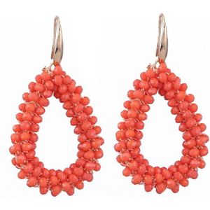 Tibri 538 - Oranje druppel oorbellen - Drop earrings - goudkleurige pin - Oorbellen met oranje kralen - Dames oorbellen