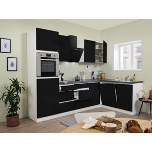 Hoekkeuken 280  cm - complete keuken met apparatuur Lorena  - Wit/Zwart - soft close - keramische kookplaat - vaatwasser - afzuigkap - oven  - spoelbak