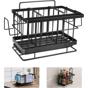 Spons Houder Borstel RVS Afdruiprek Spoelbak Borstel Houder Zwart Spoelbak Caddy Organizer Vaatdoek Houder Spoelbak Organizer voor Keuken Badkamer-21*14.5*14.5cm