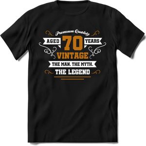 70 Jaar Legend T-Shirt | Goud - Wit | Grappig Verjaardag en Feest Cadeau Shirt | Dames - Heren - Unisex | Tshirt Kleding Kado | - Zwart - L