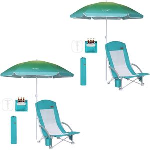 Strandstoel, Campingstoel, Strandstoelen voor Volwassenen, met UPF 50 Parasol en Koeltas, Outdoor, Set van 2 (Blauw)