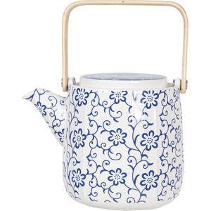 Clayre & Eef Theepot 800 ml Blauw Wit Porselein Rond Bloemen Theekan