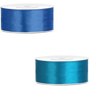 Bellatio decorations 2x rollen satijn cadeaulint/sierlint - 2.5 cm x 25 meter - 2 tinten glanzend blauw - Luxe linten