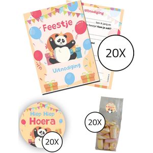 Uitnodiging kinderfeestje Compleet - Voordeelset 60 stuks : 20 uitnodigingskaarten + 20 uitdeelzakjes + 20 stickers - verjaardag feest - Panda