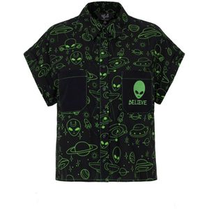 Hell Bunny Mulder Shirt Blouse zwart-groen XS Viscose Dames - Rockabilly