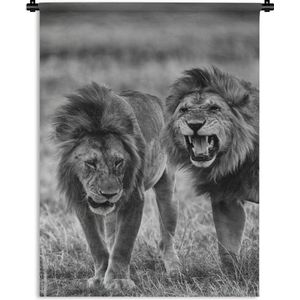 Wandkleed Leeuw in zwart wit - Twee afrikaanse leeuwen Wandkleed katoen 120x160 cm - Wandtapijt met foto XXL / Groot formaat!
