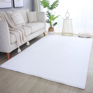 Pouffy Fluffy - Hoogpolig Vloerkleed - Uni Kleur - Wit - Woonkamer Tapijt - Katoenen Rug- 60x100 CM