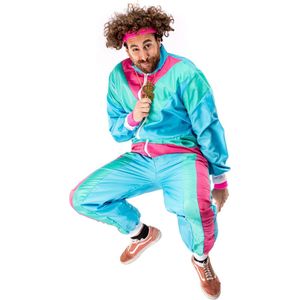Original Replicas - Jaren 80 & 90 Kostuum - 80s Retro Trainingspak Manic Mark Kostuum - Blauw, Groen, Roze, Multicolor - Medium - Carnavalskleding - Verkleedkleding