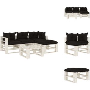 vidaXL Pallet Loungeset - Hoogwaardig grenenhout - Zwart en wit - Set van 2 hoekbanken - 1 middenbank - 2 tafels/hockers - 4 zitkussens - 5 rugkussens - Tuinset