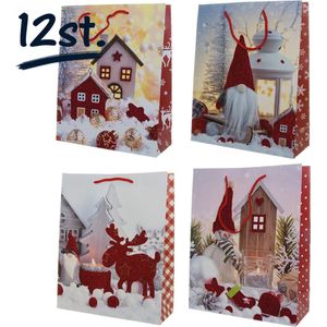 12x stevige zakken kerst + glitter verpakking geschenktasje christmas 4 ass. (32x26x10)cm
