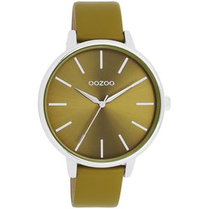 OOZOO Timepieces - Zilverkleurige OOZOO horloge met olijf groene leren band - C11298