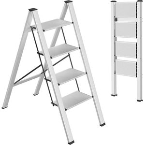 T&L Store® Ladder - Huishoudtrap - Trapladder - 4 Treden - Zilver - Antislip - Max 150kg belasting