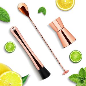 Mojito Muddler Set, roestvrijstalen cocktail Muddler, menglepel met stamper, maatbeker met twee spiritus maatbekers, Bar Tool Essentials Set, Mojito Muddler set van 3, rosé goud