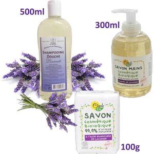 Bio persoonlijke hygiëne VOORDEEL pakket. Biologisch ecologisch. Lavendel shampo douche 500ml, veld lavendel handzeep pompfles 300ml glycerine lavendel zeep stuk 100g.